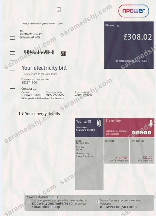 United Kingdom Npower electricity bill in PSD format